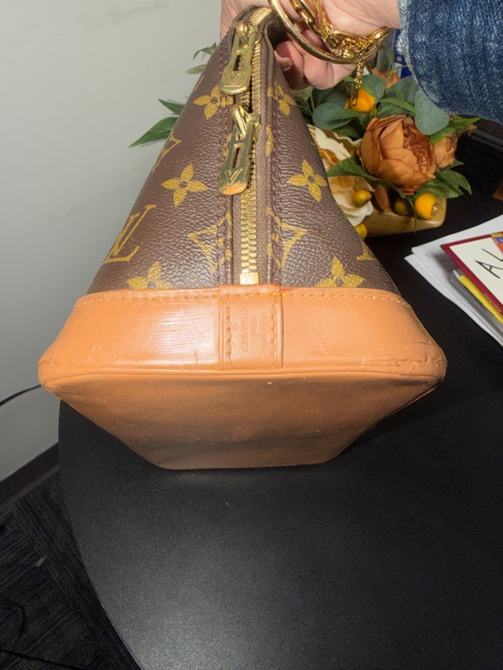 Louis Vuitton Alma Brown Monogram Satchel with Tan Trim and Red Accent Scarves - Picture 8 of 14